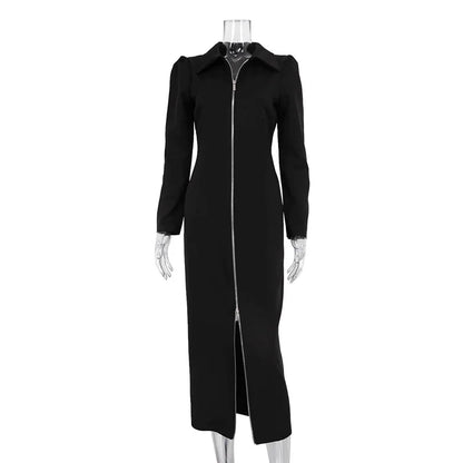 Tossy Black Zipper Lapel Maxi Dress For Women Cardigan Fashion Patchwork Vintage Slim High Waist Elegant Streetwear Women Dress