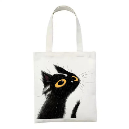 Cute Tote Bag Animals Black Cat Print Canvas Bag Eco Shopping Bag Daily Use Foldable Handbag Large Capacity Canvas Tote Women