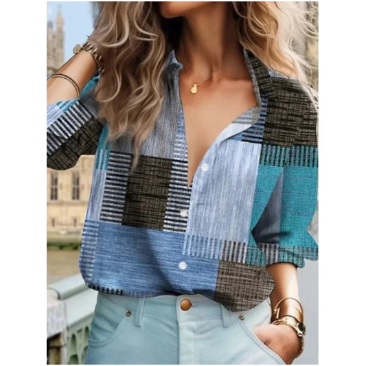 Spring Summer New Women shirt 3D Grid Fashion Print For Women Loose Long Sleeved Blouse Casual style Women's shirt Tops