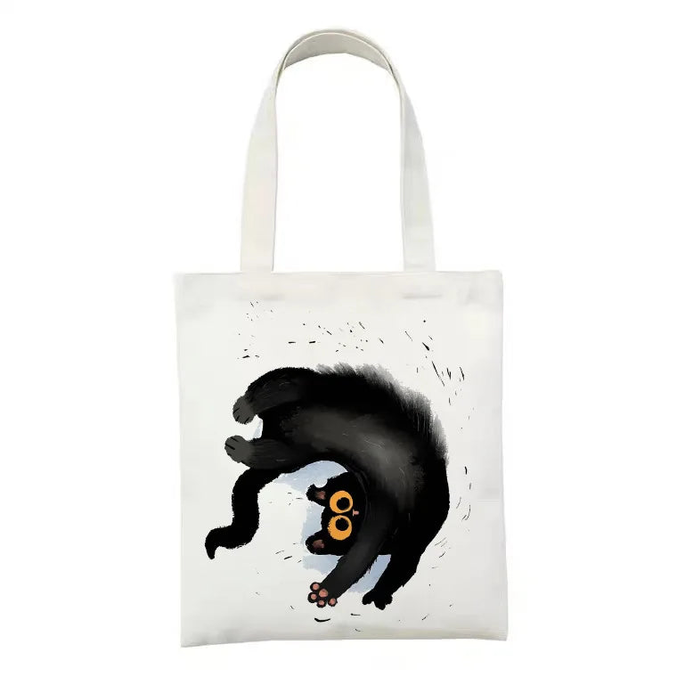 Cute Tote Bag Animals Black Cat Print Canvas Bag Eco Shopping Bag Daily Use Foldable Handbag Large Capacity Canvas Tote Women