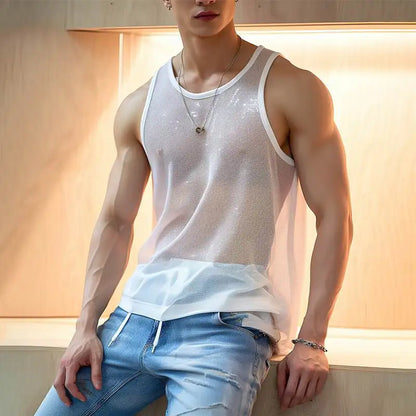 Men Tank Tops Solid O-neck Sleeve Mesh Transparent Sexy Vests Streetwear 2023 Fashion Party Casual Men Clothing S-5XL INCERUN