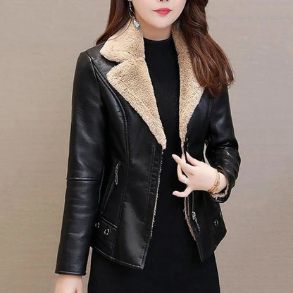 Plush Lapels Faux Faux Leather Jacket For Women Leater Jacket Spring Autumn Slim Fit Cardigan Coat Outerwear Lady Short Jacket