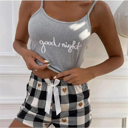 Summer Women's Sexy Camisole Pajama Set Women's Printed Letter Top Paired with Checkered Printed Shorts Home Pajama Set