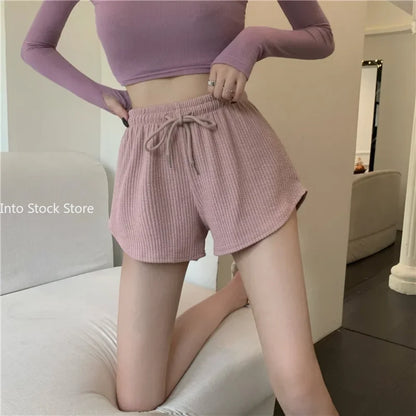 Women Shorts Summer High Elastic Lace Up Drawstring Wide Leg Sweat Short Fitness Running Shorts Loose Casual Large Sports Pants