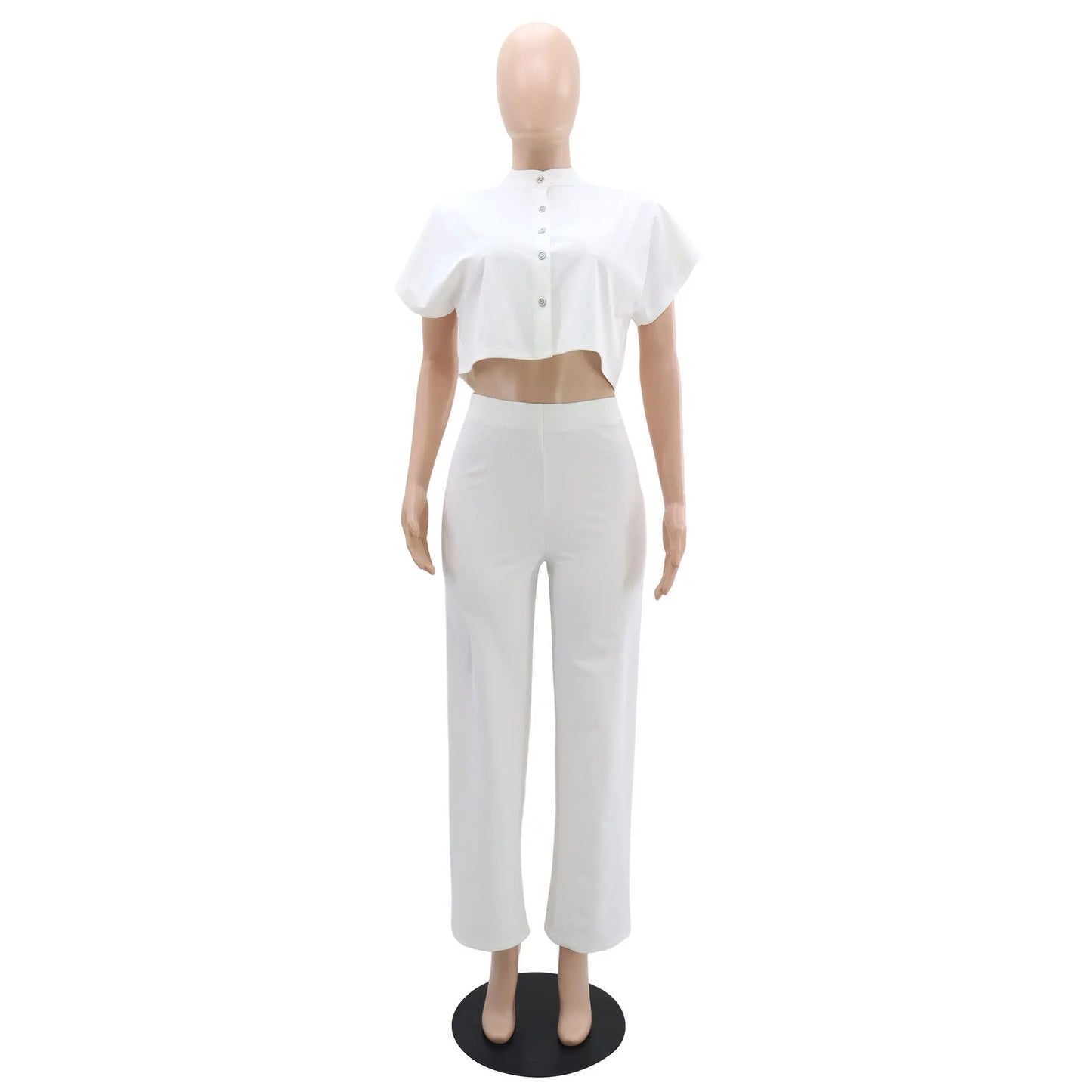 White Short Sleeve Shirt Tops Casual Wide Leg Pants Short Cardigan Top Solid Color Straight Pants Women Two-Piece Sets Outfits