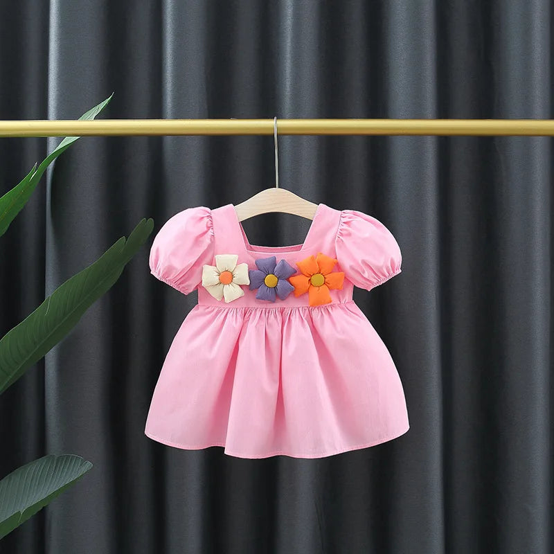 Summer Children Clothes Flower Simple Solid Color Puff Sleeve Baby Girl Dresses Thin Toddler Party Birthday Princess 0 To 3 Y