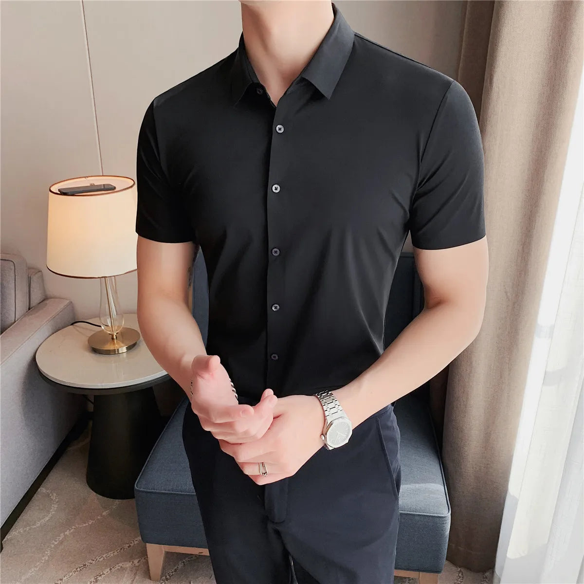 6colors High Quality New Solid High Elasticity Seamless Short Sleeve Shirts Men Slim Social Casual Business Formal Dress Shirt