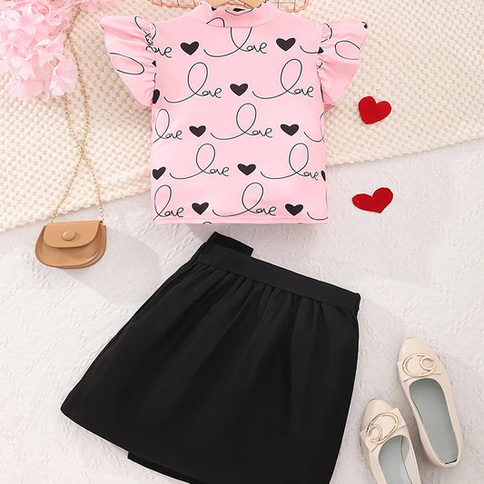 Two Piece Summer Girl Cute Love Print Casual Fashion Tight Fitting Short Sleeved Skirt Princess Casual Party Birthday Party Set