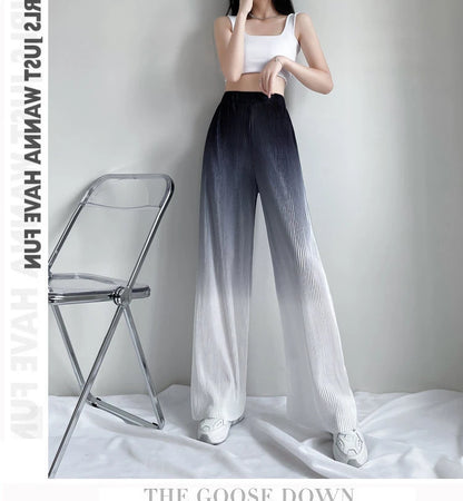 2022 Summer New Gradient Color Ice Silk Wide Leg Pants High Waist Thin Loose Straight Casual Trousers Comfortable Women Clothing