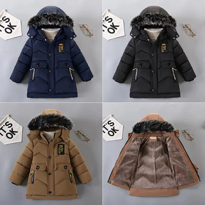 3 4 5 6 8 10 Years Winter Boys Jacket Keep Warm Fashion Fur Collar Boys Outerwear Hooded Zipper Children's Coat New Kids Clothes