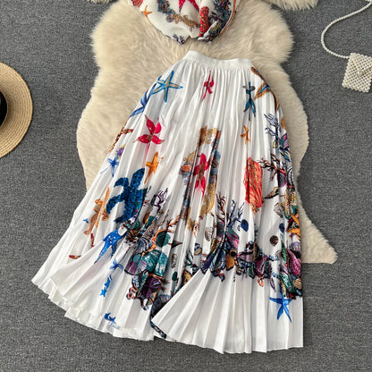 New Summer Runway Pleats Floral Print Two Piece Set Women Half High Collar Stretch Top+Elastic Waist Long Pleated Skirt Outfits