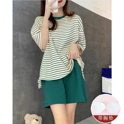 Women Summer Two Pieces Sets Pajamas O-neck Short Sleeve Shorts Pant Homewear With Chest Pad Thin Loose Striped Big Size Cute