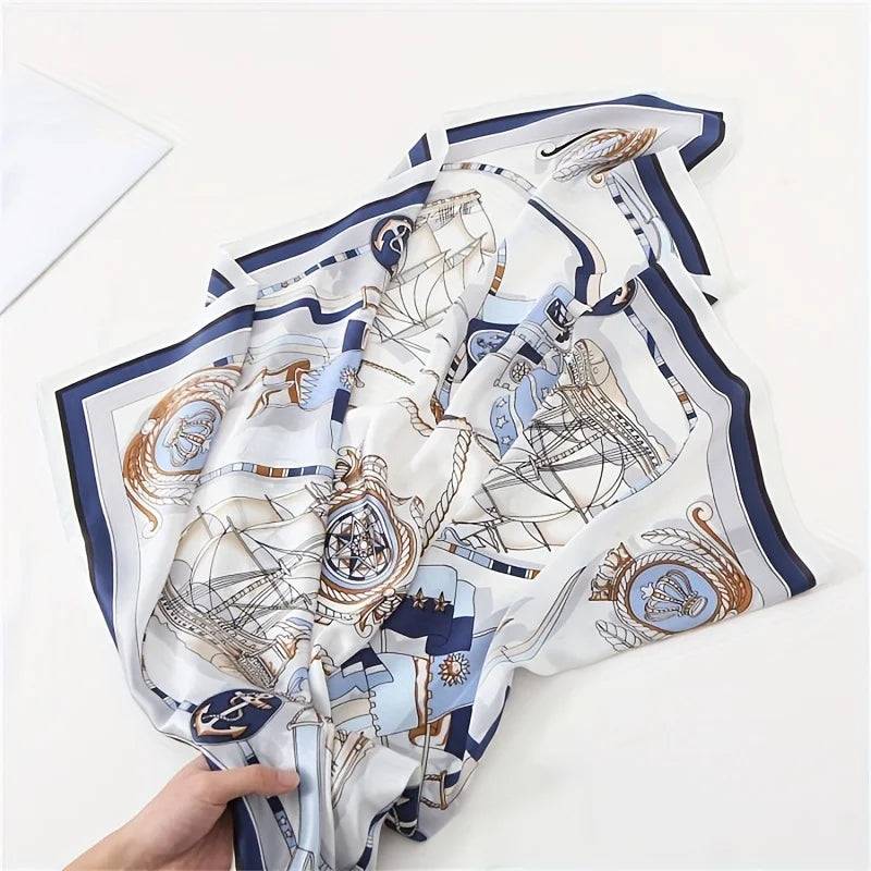 Luxury Large Nautical Print Square Scarf Thin Breathable Silky Neck Scarf Glamorous Style Sunscreen Headscarf