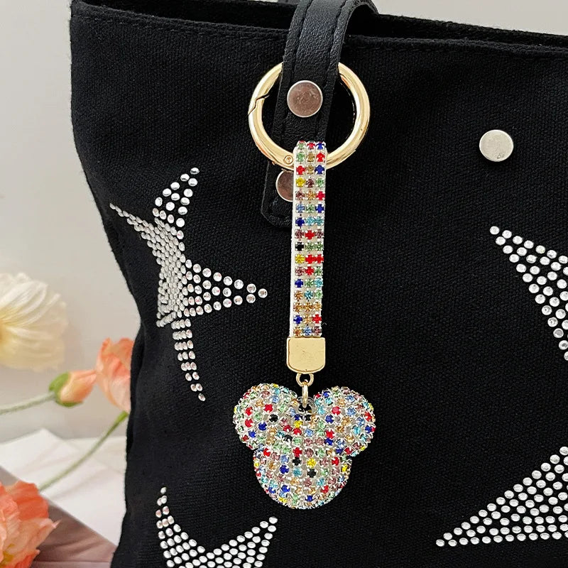 Light Luxury Rhinestone Mickey Head Keychain Crystal Leather Strap Women Bag Pendant Creative Car Keychain Lover Gift for Friend