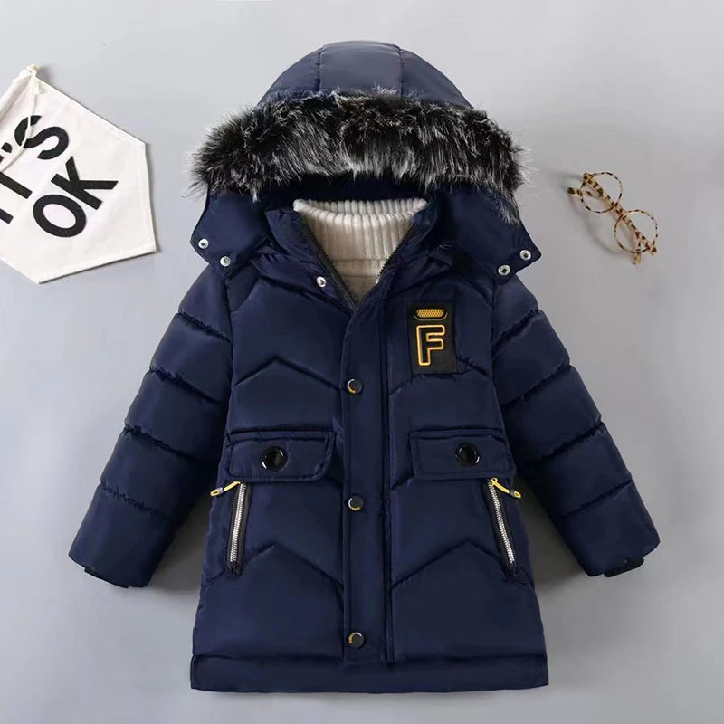 3 4 5 6 8 10 Years Winter Boys Jacket Keep Warm Fashion Fur Collar Boys Outerwear Hooded Zipper Children's Coat New Kids Clothes