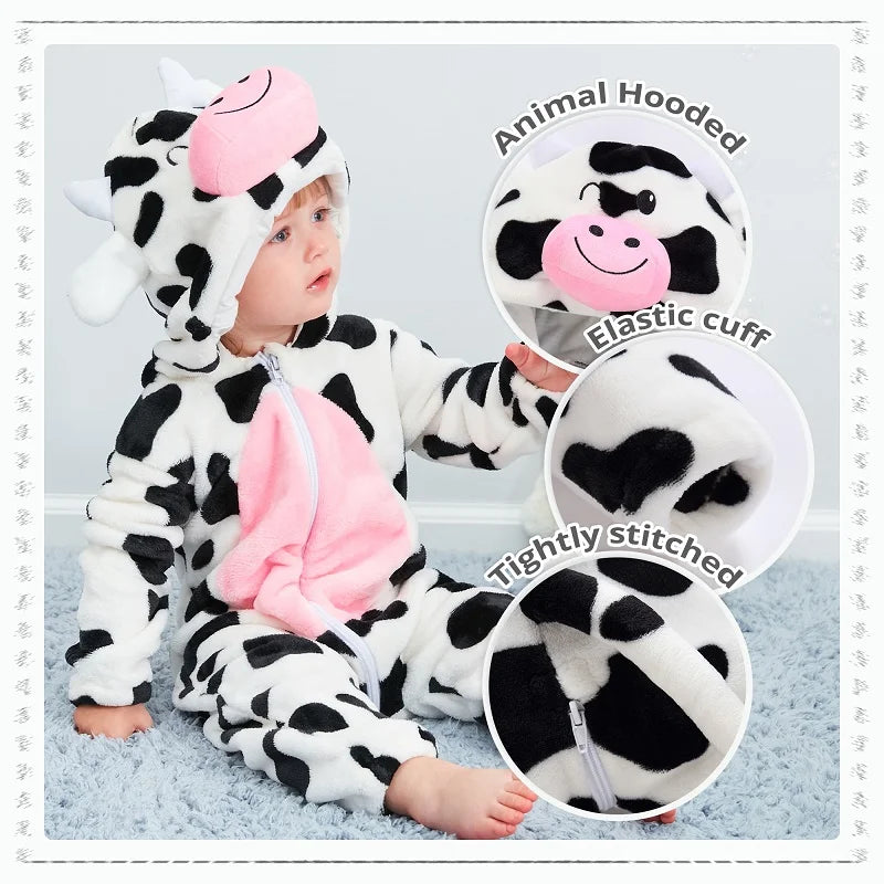 MICHLEY Halloween Cow Flannel Baby Rompers Winter Clothes Costume Hooded Bodysuits Pajamas Animals Overall Jumpsuit For Girl Boy