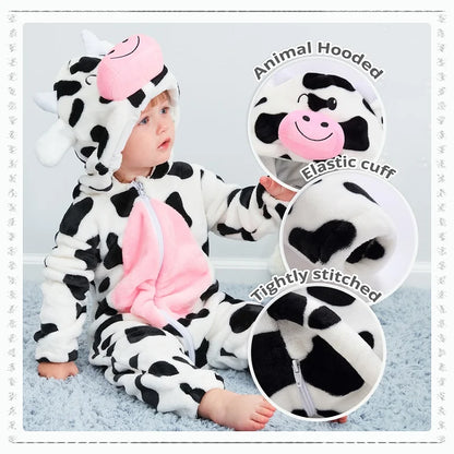 MICHLEY Halloween Cow Flannel Baby Rompers Winter Clothes Costume Hooded Bodysuits Pajamas Animals Overall Jumpsuit For Girl Boy