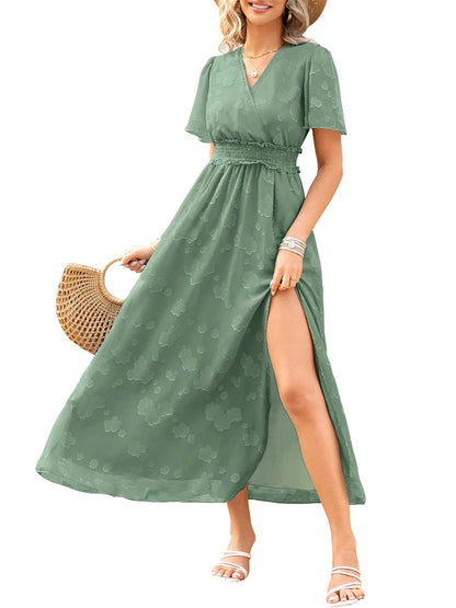 Maxi Dress Casual Summer V Neck Puff Sleeve High Waist Lace Up Dress Elegant Flowy Dress Sleeveless for Women  Thigh Slit Crosso