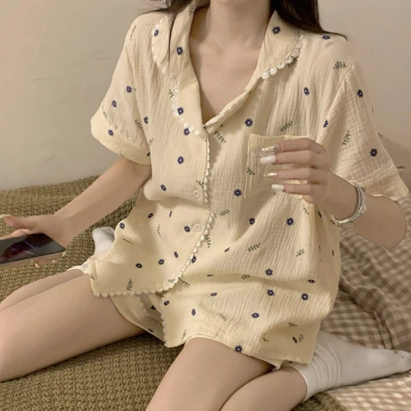 Women's Pajamas New Summer Short Sleeve Soft Sleepwear Set Grid Cartoon Printed Pyjama Woman Home Nightwear Set Cardigan