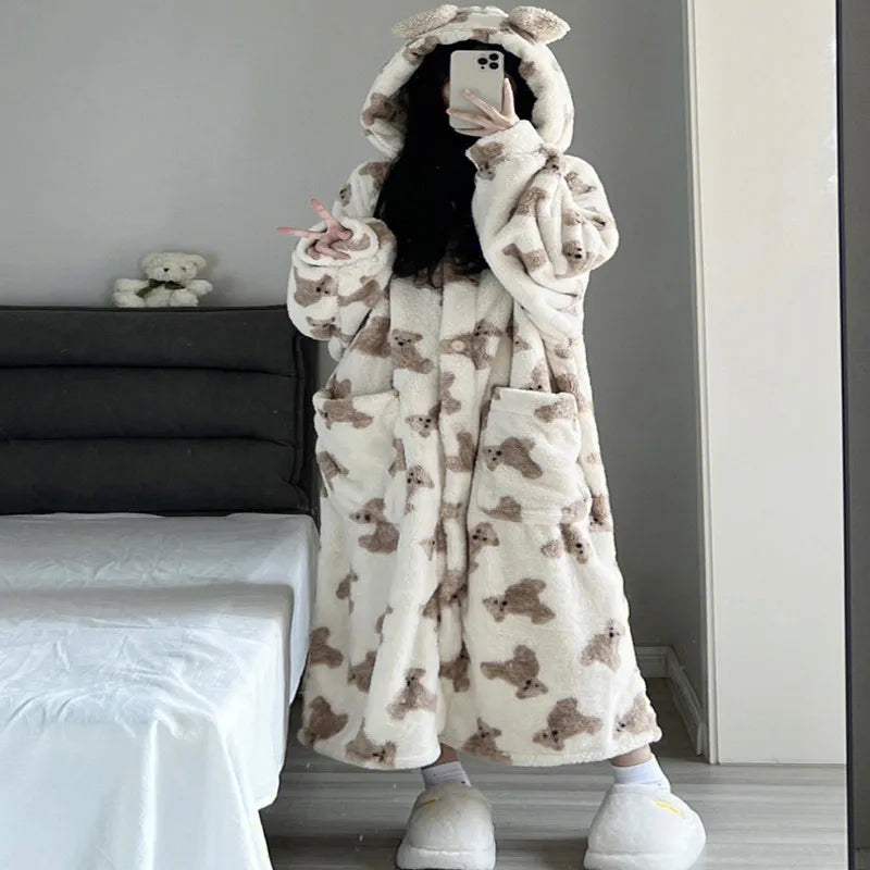 Autumn and Winter Thickened Models Coral Velvet Cardigan Pajamas Women Home Wear Girls Cute Bear Robe Long Section Hooded