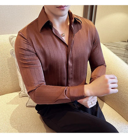 Luxury Korean Pleated Stripe Shirts For Men's High Quality Long Sleeve Slim Fit Casual Shirt Formal Social Party Tuxedo 4XL-M