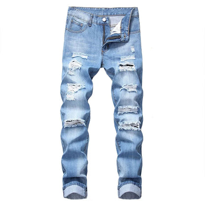 Men's Vintage Ripped Jeans Man Casual Straight Leg Denim pants Light blue Slim Fit hole Jeans Best Sellers