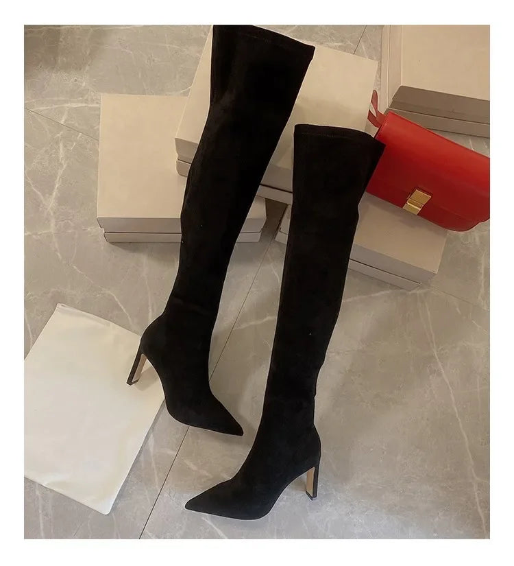 2024 Autumn and Winter New Over Knee Elastic Boots Women's High Heeled Pointed Knee Boots Slim And Versatile Boots