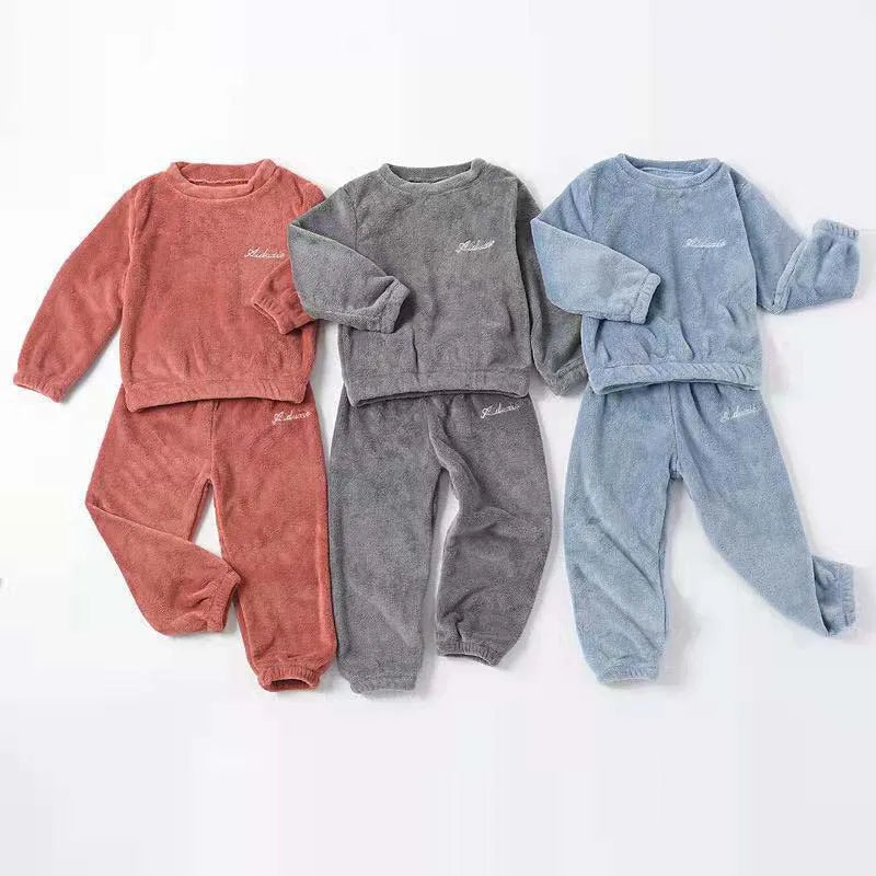 Baby Boys Girls Pajamas Sets Autumn Winter New Kids Warm Soft Flannel Pajamas Set Solid Color Warm Soft Flannel Child Home Suits