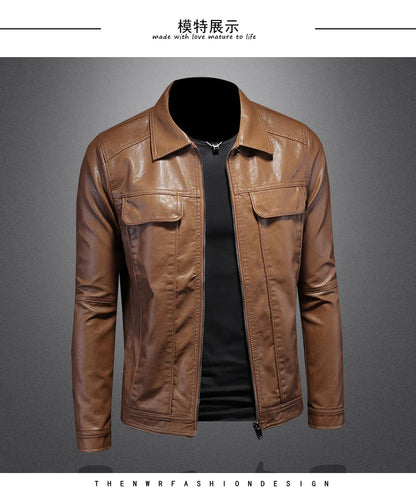 Men's Jacket Spring and Autumn Handsome Solid Color Collar Motorcycle Leather Coat Slim Fashion Leather Jacket M-5XL