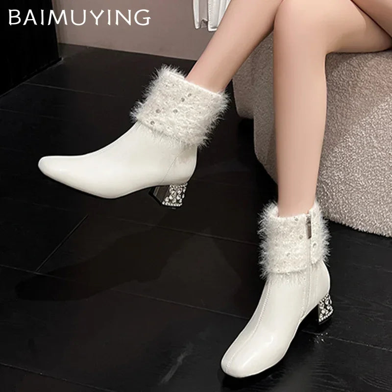 Women Ankle Boots Crystal Fur Leather High Heels Shoes Woman 2025 Trend Pointed Toe Chunky Fashion Elegant Winter Botas De Mujer