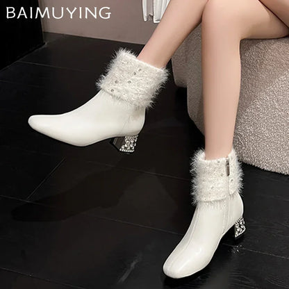 Women Ankle Boots Crystal Fur Leather High Heels Shoes Woman 2025 Trend Pointed Toe Chunky Fashion Elegant Winter Botas De Mujer