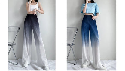 2022 Summer New Gradient Color Ice Silk Wide Leg Pants High Waist Thin Loose Straight Casual Trousers Comfortable Women Clothing