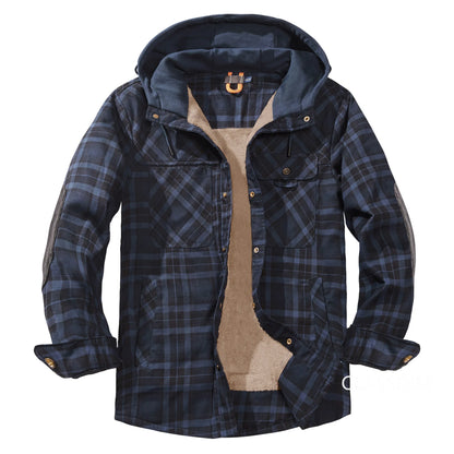 Men Winter Plaid Shirts Coats Hooded Fleece Jackets Harajuku Lg Sleeonve LoosCae sual Shirts Jackets European Style Size S-2XL