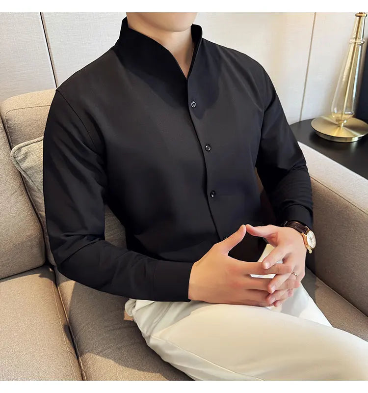 Brand Clothing Men's High Quality V-neck Long Sleeve Shirts Male Slim Fit Fashion Solid Color Office Dress Shirt 4XL-M