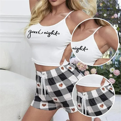 Summer Women's Sexy Camisole Pajama Set Women's Printed Letter Top Paired with Checkered Printed Shorts Home Pajama Set