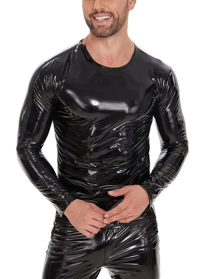 S-7XL Shiny Faux PU Leather Long Sleeve T Shirt Men Wet Look PVC Hot Shapers Tights Shapewear Tshirt Sexy Tee Shirts Tops Body