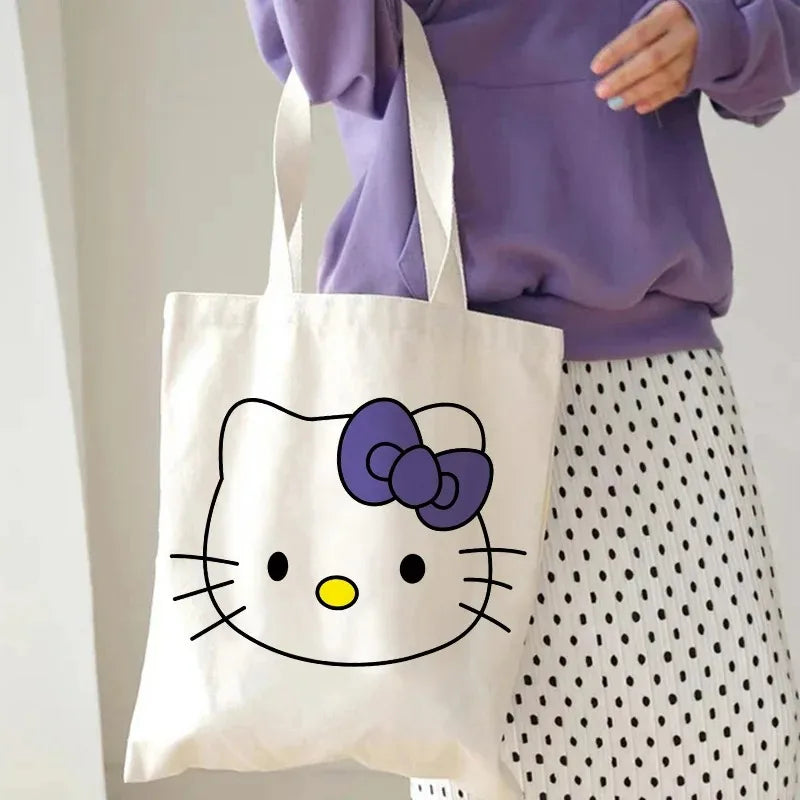 Hello Kitty Canvas Tote Bag Harajuku Y2k 90s Cartoon Girl Handbag Large Capacity Female Shoulder Bags Portable Travel Purse Gift