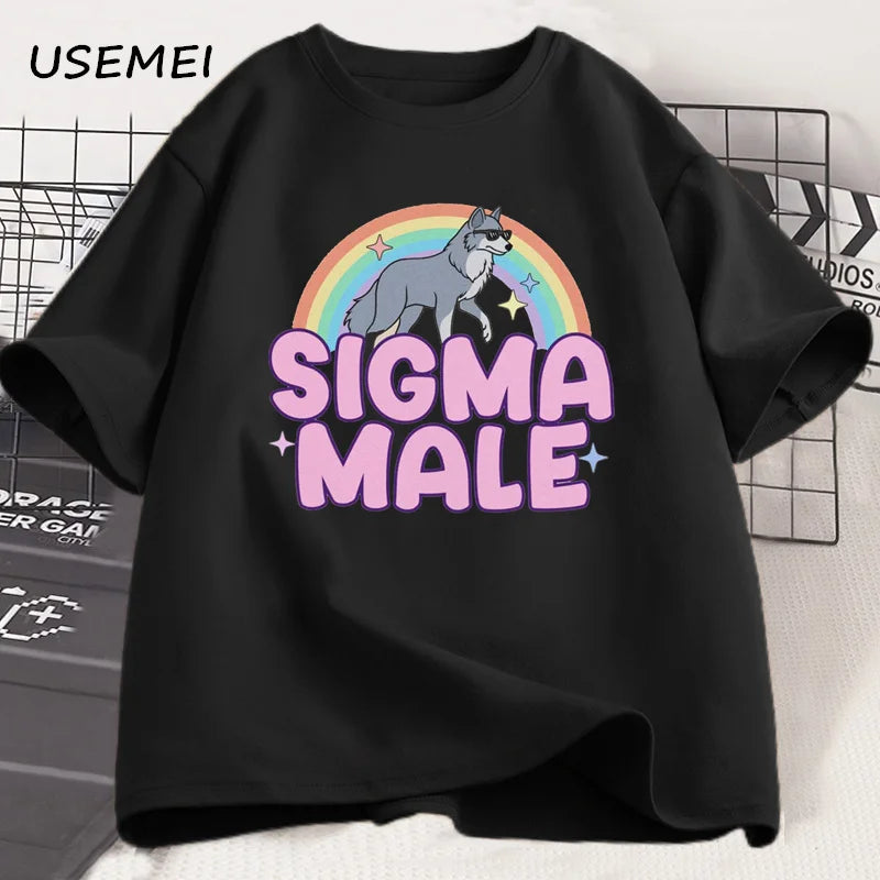 Sigma Male Lone Wolf T Shirt Funny Weird Rainbow Wolf Graphic Tee Men Women Casual Trendy Loose T-shirt Men's Clothing