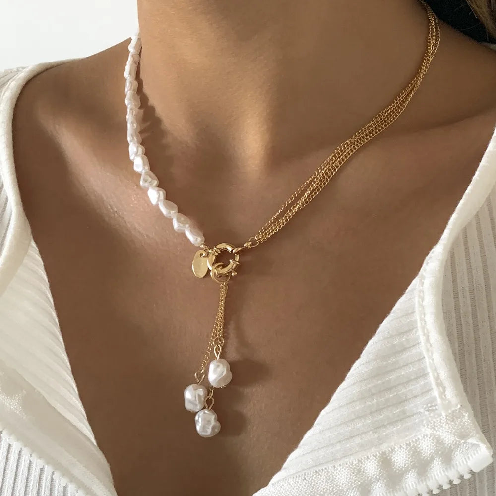 Multilayer Imitation Pearl OT Buckle Pendant Necklace Women Wed Bridal Goth Bead Chain Y2K Accessories Neck Jewelry Decoration