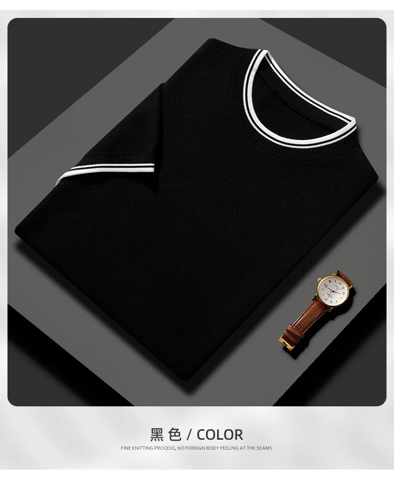 Summer New T-shirt Men's Round Neck Pullover Top Casual Knitted Mulberry Silk Short Sleeve Contrast Color Business Bottom Shirt