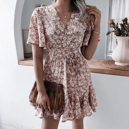 Summer 2024 new style women floral dress bubble sleeve French retro V-neck high-end chic design A-line skirt girls short dress