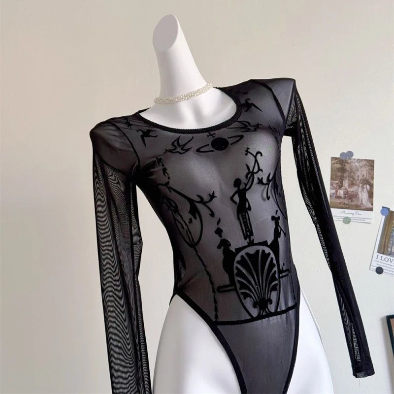 2024 Long Sleeve Black Mesh See Through Sexy Bodycon Bodysuit Spring Summer Women New Outfit Gothic Punk Bodysuits Y2k Clothing