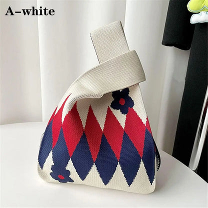 Flower Handmade Knit Handbags Women Knot Wrist Bag Casual Small Tote Bag Girls Reusable Shopping Bags