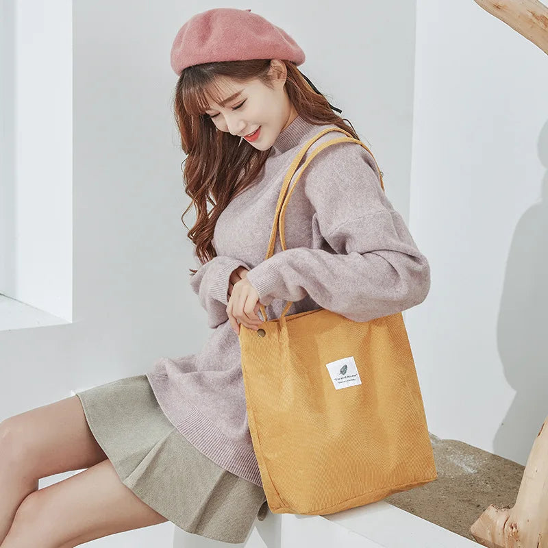 Fashion Outdoor Leisure Shopping Bag Shoulder Bags Women New Corduroy Canvas Bag Girl Travel Party Organizer with Button Handbag