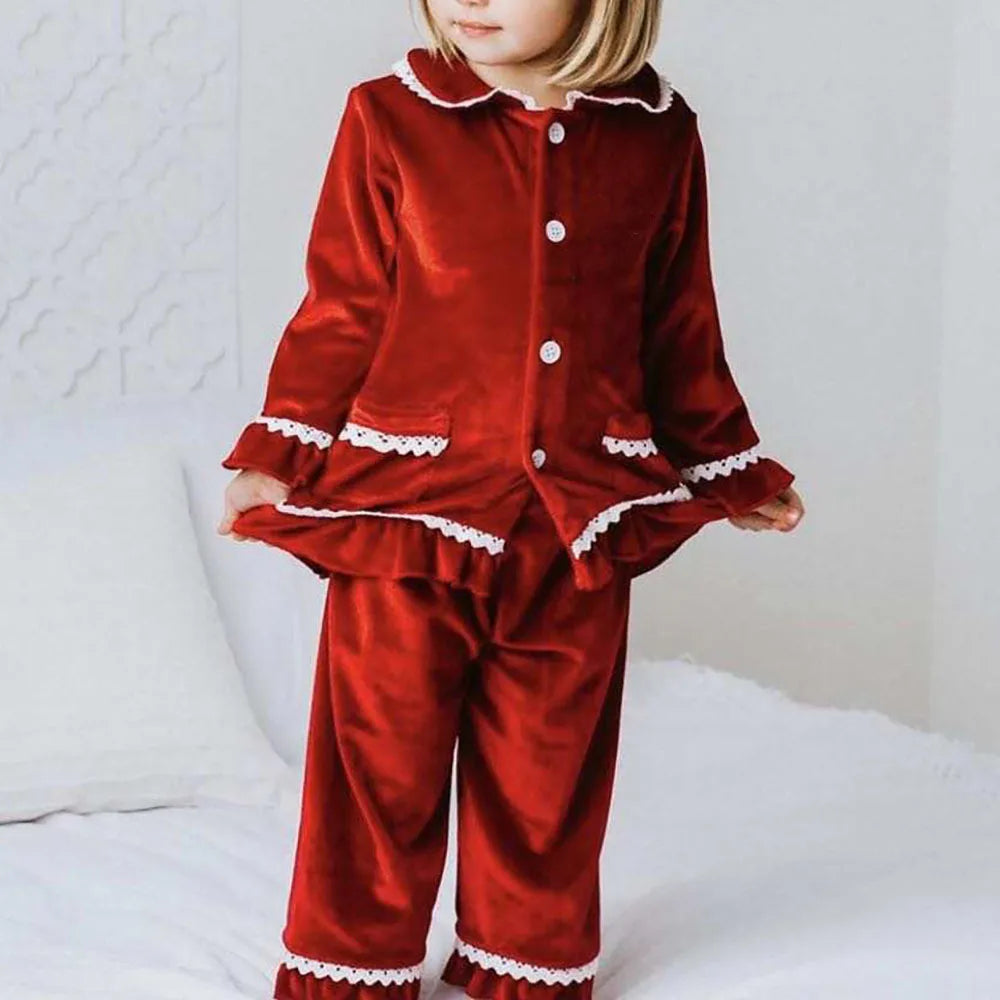 High Quality Red Velvet Matching Set Children's Clothing Women Men Boys Girls Pajamas Set New Year Costume Warm Thicken Pijamas