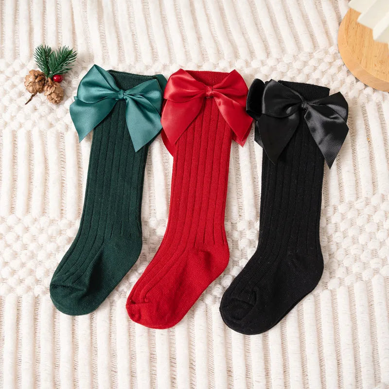 Baby Girls Socks Autumn Winter Kids Big Bow Knee High Long Soft Cute Kids Christmas Sock Cotton Red Newborn Socken For 0-8 Years