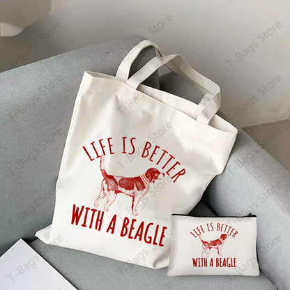 2pcs/set Beagle Bagel Dog Cute Print Tote Bag, Large Capacity Shoulder Bag, Women's Casual Handbag for Work School Shopping