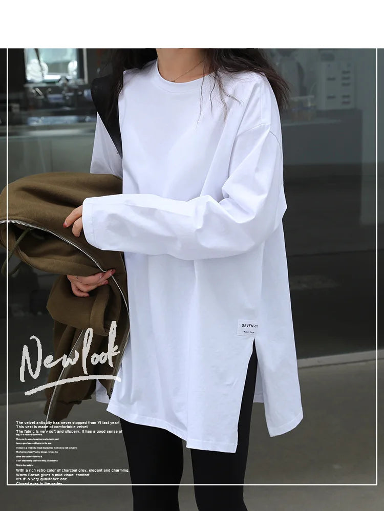 Women's Solid Color Split Long-Sleeved T-Shirt 2024 Korean Spring And Autumn New Ladies Casual Loose Tops Bottoming White Shirts