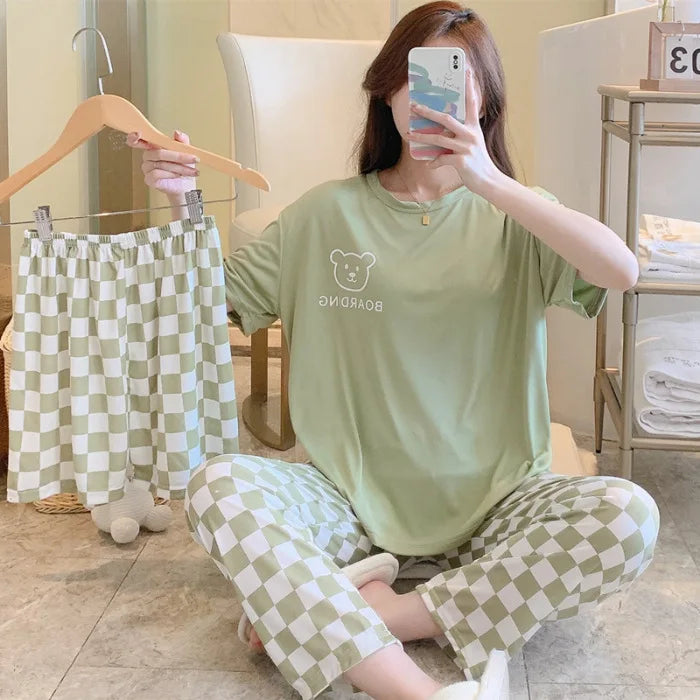 New women's summer three-piece pajamas homewear women short-sleeved trousers cartoon leisure women's homewear pajamas set