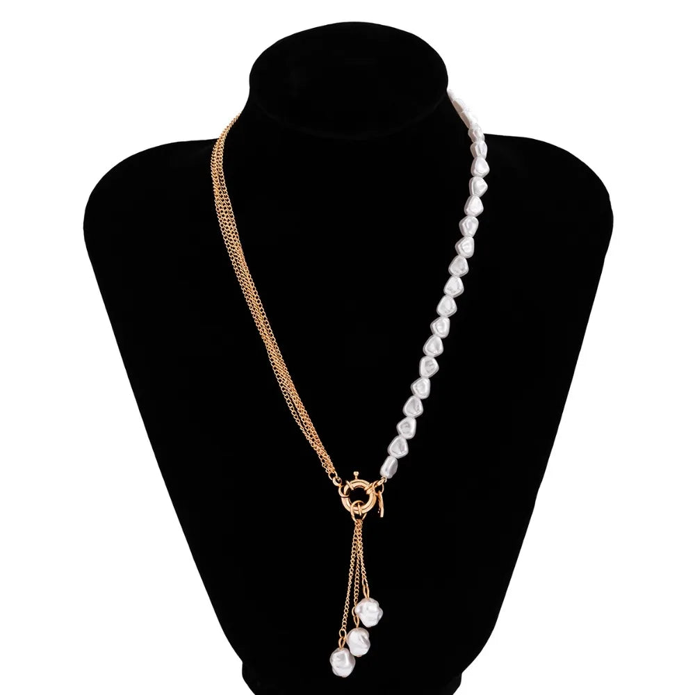 Multilayer Imitation Pearl OT Buckle Pendant Necklace Women Wed Bridal Goth Bead Chain Y2K Accessories Neck Jewelry Decoration